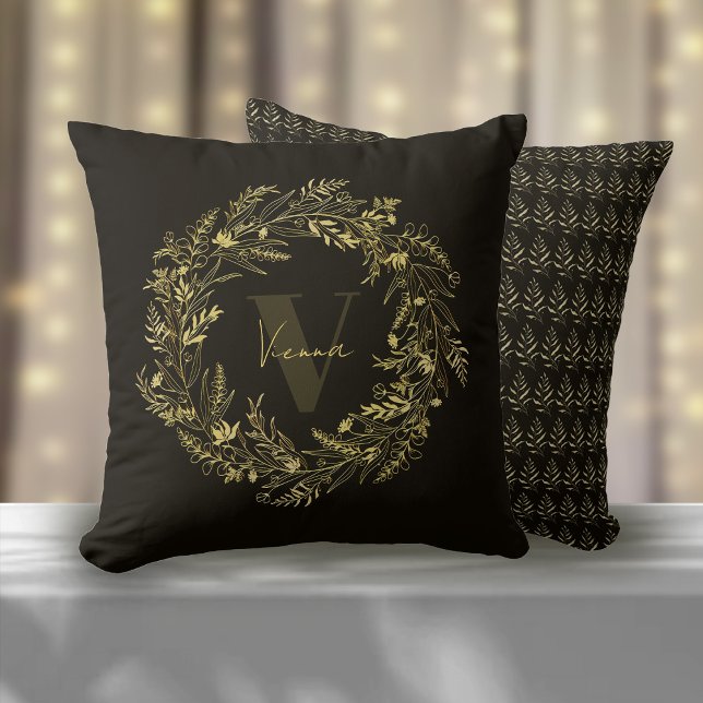 Coussin Monogramme lettre V feuille d'or velours (Créateur téléchargé)