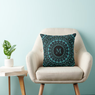 Coussin Monogramme Mandala Floral Sarcelle