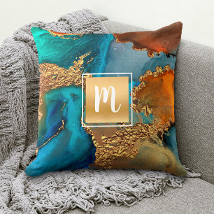 Coussin Monogramme marbre aquarelle or turquoise orange