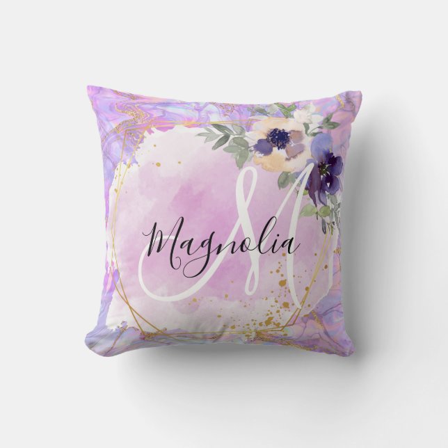 Coussin Monogramme Marbre Arc-en-ciel Violet, Rose & Or (Recto)