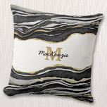 Coussin Monogramme Marbre noir Agate Parties scintillant o<br><div class="desc">Aquarelle noir et blanc couleur aquarelle agate marbre design avec faux détail or. Changez le nom et le monogramme initial pour personnaliser.</div>