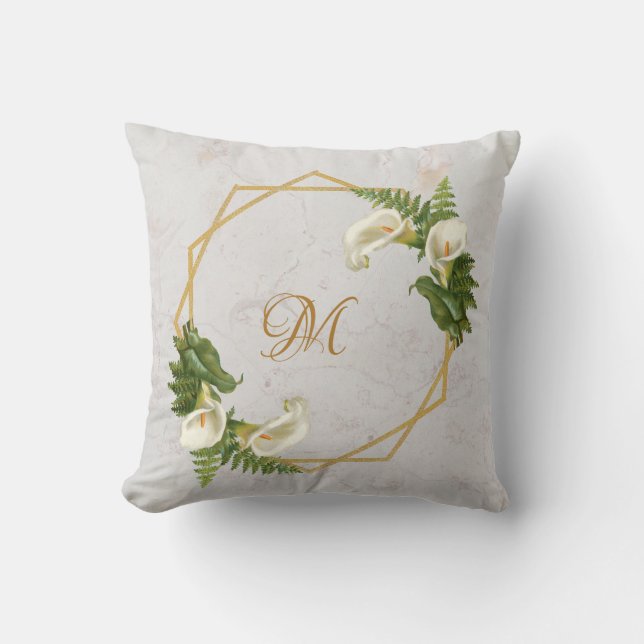Coussin Monogramme Marbre Or Calla Lilies Floral Géométriq (Recto)