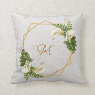Coussin Monogramme Marbre Or Calla Lilies Floral Géométriq