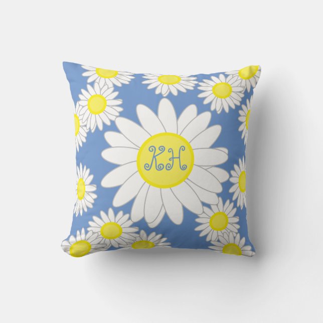 Coussin Monogramme marguerite bleu blanc et jaune (Recto)