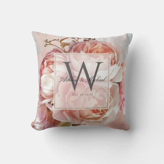 Coussin MONOGRAMME MARIAGE SCRIPT | Peonies roses (Recto)