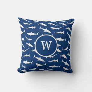Coussin Monogramme Marine Requin bleu et blanc