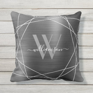 Coussin Monogramme métallique brossé moderne Argent - Nom 