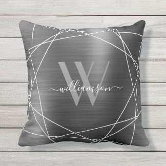 Coussin Monogramme métallique brossé moderne Argent - Nom