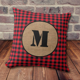 Coussin Monogramme minimal de Burlap et de Buffalo Rouge
