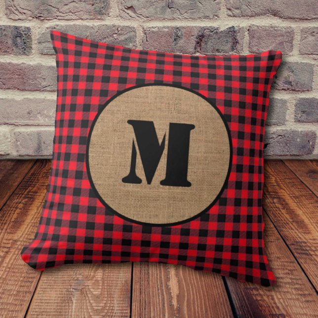 Coussin Monogramme minimal de Burlap et de Buffalo Rouge (Créateur téléchargé)