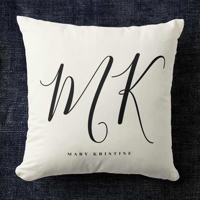 Coussin Monogramme minimaliste de luxe noir ivoire chic él (Créateur téléchargé)