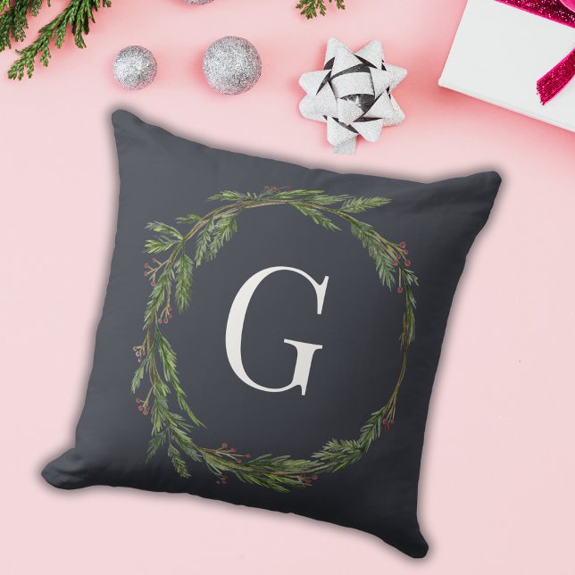 Coussin Monogramme minimaliste rustique Aquarelle Wreath N (Créateur téléchargé)