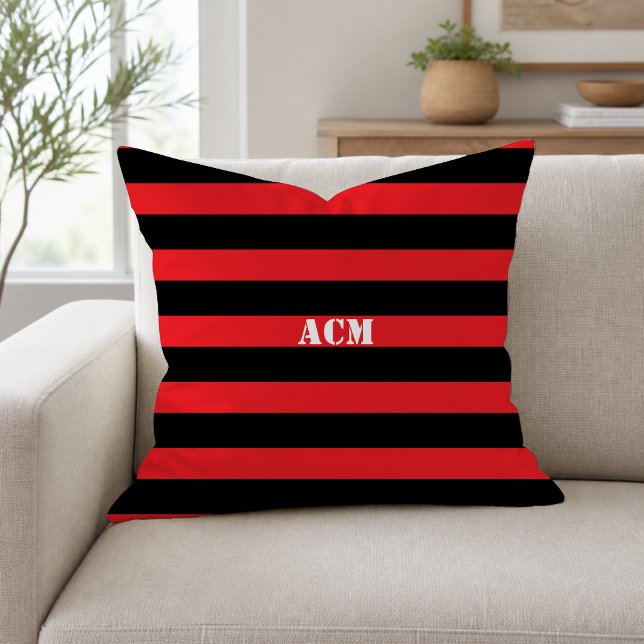 Coussin Monogramme Moderne Bandes Noires et Rouges (Créateur téléchargé)