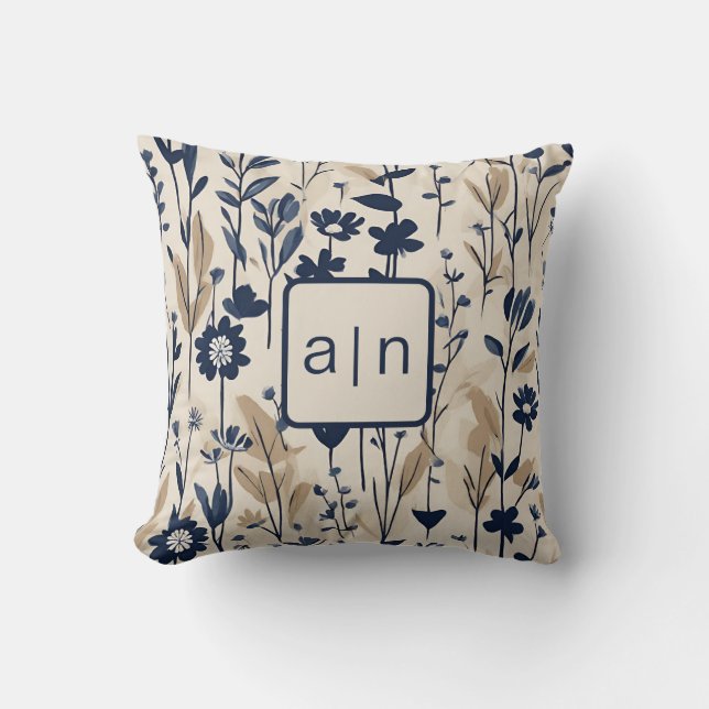 Coussin Monogramme Moderne Bleu Floral (Recto)