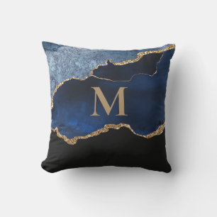Coussin Monogramme Moderne Bleu Nuit Or Marbre Paillettes