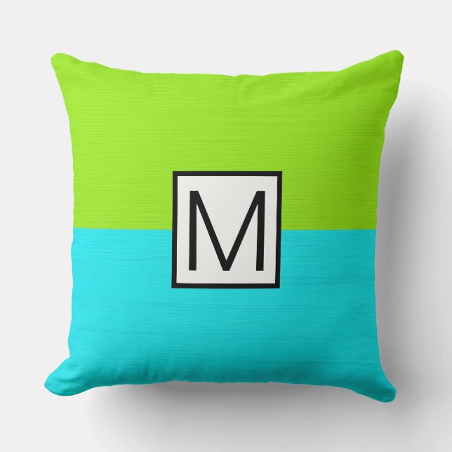 Coussin Monogramme Moderne Cyan et Lime Élégant (Recto)