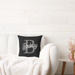 Coussin Monogramme moderne élégant Nom noir Gris noir Scri