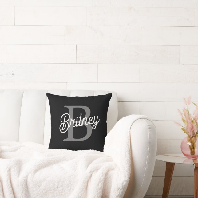 Coussin Monogramme moderne élégant Nom noir Gris noir Scri (Canapé)