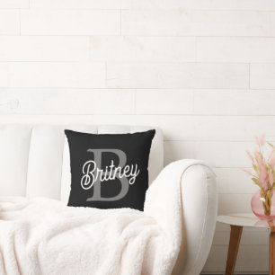 Coussin Monogramme moderne élégant Nom noir Gris noir Scri