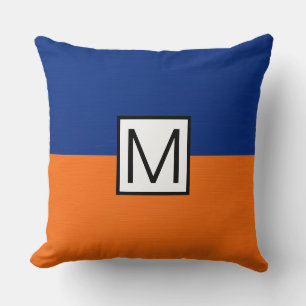 Coussin Monogramme Moderne Élégant Orange et Bleu Foncé
