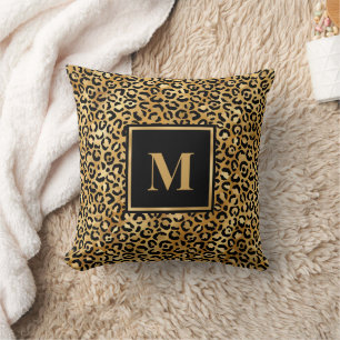 Coussin Monogramme moderne Empreinte de léopard d'or noir
