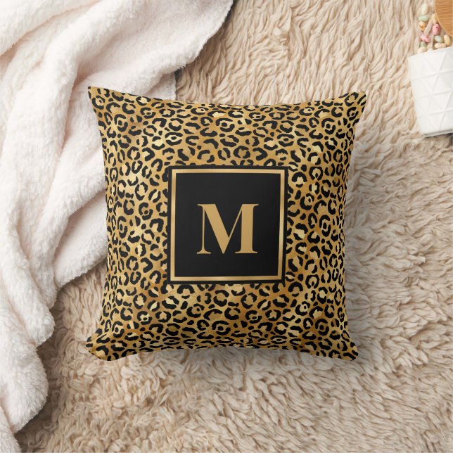 Coussin Monogramme moderne Empreinte de léopard d'or noir (Couverture)