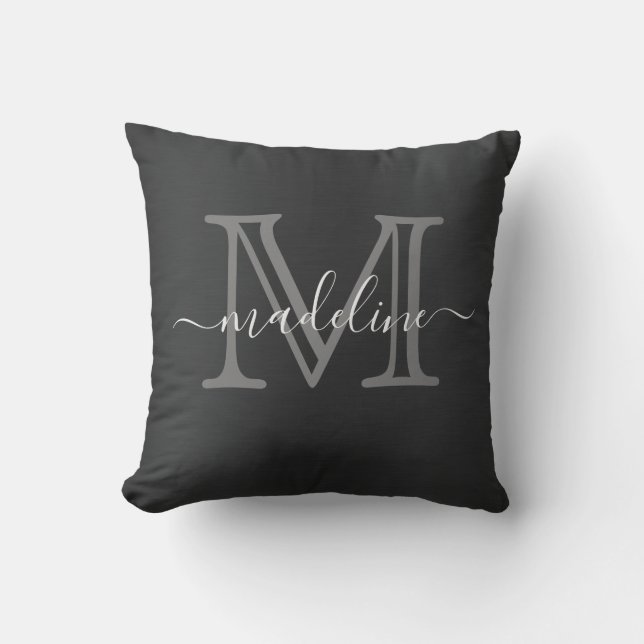 Coussin Monogramme moderne en métal brossé gris noir (Recto)