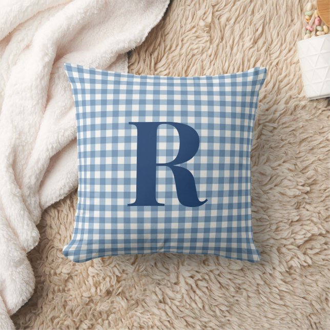 Coussin Monogramme Moderne en Vichy Bleu (Couverture)