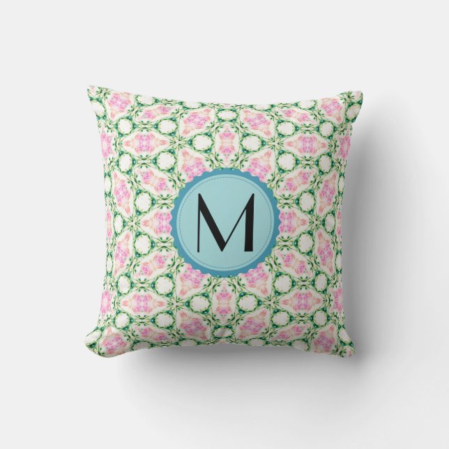 Coussin Monogramme Moderne Géométrique Pink Floral Motif (Recto)
