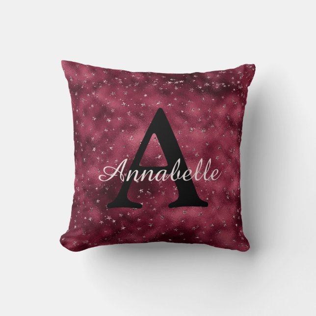 Coussin Monogramme moderne Glam Bourgogne Argent Étoiles É (Recto)