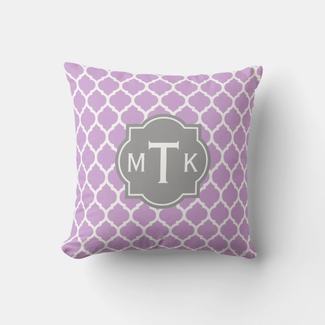 Coussin Monogramme moderne gris et Lilac Motif treillis (Recto)