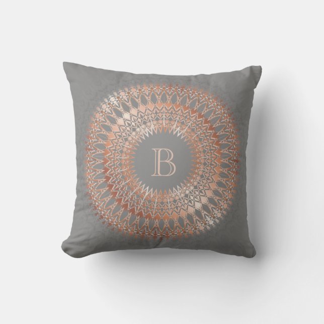 Coussin Monogramme Moderne Mandala Gris Or Rose (Recto)