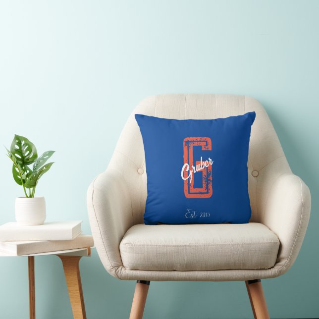 Coussin Monogramme moderne minimaliste bleu rétro Nom (Chaise)