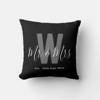 Coussin Monogramme Moderne Monsieur Madame Date Noir Blanc