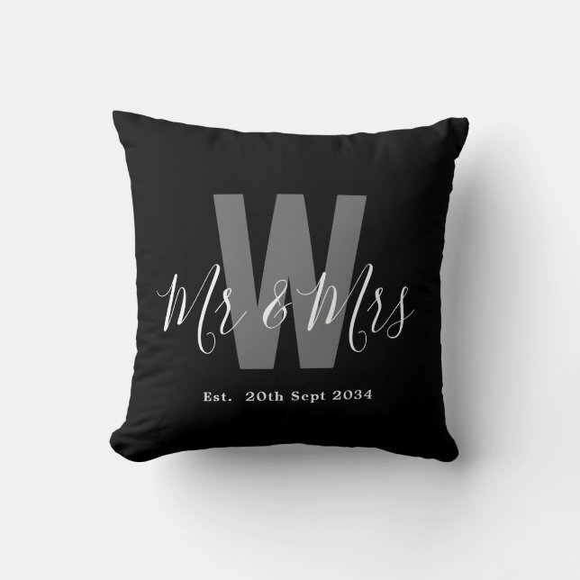 Coussin Monogramme Moderne Monsieur Madame Date Noir Blanc (Recto)
