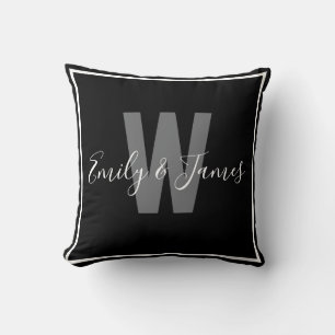 Coussin Monogramme moderne noir blanc bordé de deux bordur