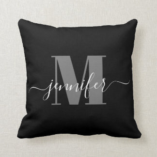 Coussin Monogramme moderne noir et gris élégant Nom