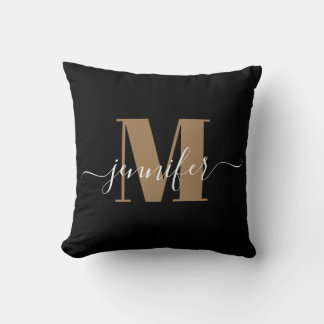 Coussin Monogramme moderne noir et or élégant Nom