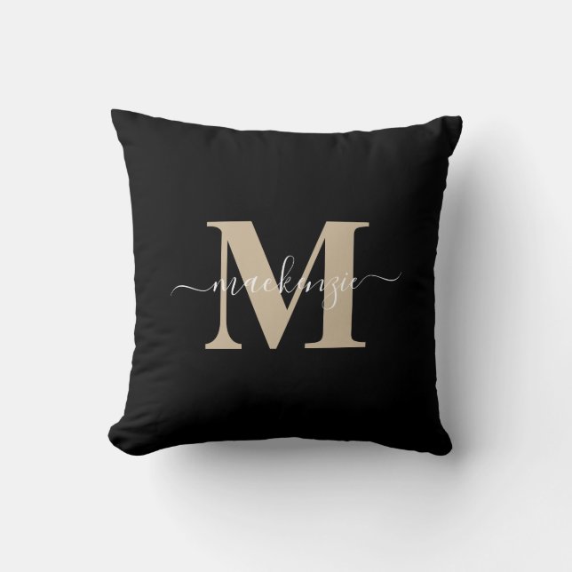 Coussin Monogramme moderne noir et or élégant Nom (Recto)