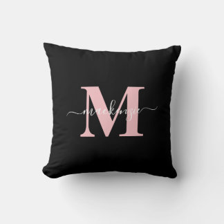 Coussin Monogramme moderne noir et rose élégant Nom