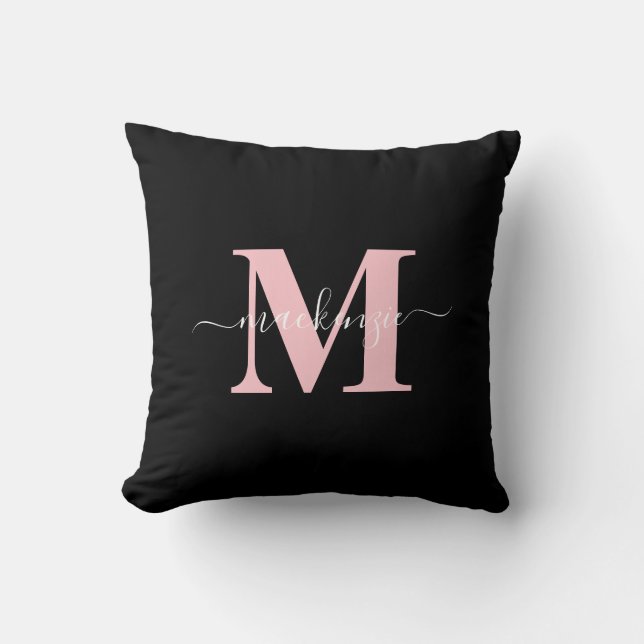 Coussin Monogramme moderne noir et rose élégant Nom (Recto)
