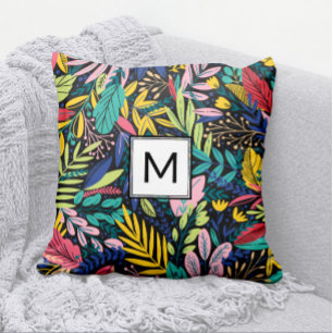 Coussin Monogramme moderne noir Feuille coloré Art