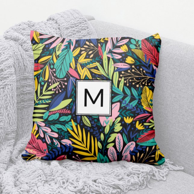 Coussin Monogramme moderne noir Feuille coloré Art (Modern Monogram Pillow with Bright, Cheery, Colorful Leaves Pattern)