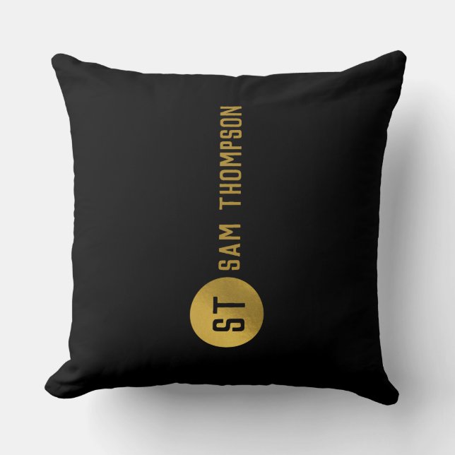 Coussin Monogramme moderne noir & or élégant personnalisé (Recto)