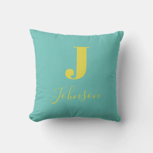 Coussin Monogramme moderne Nom de famille Turquoise