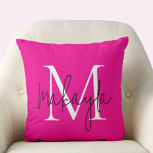 Coussin Monogramme moderne Nom de script Hot rose