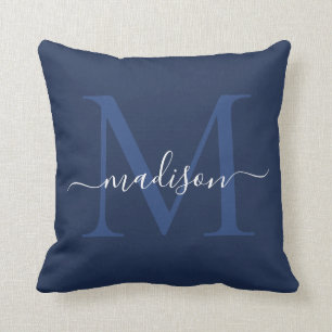 Coussin Monogramme moderne Nom Élégant Chic Script Marine