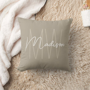 Coussin Monogramme moderne Nom Script Beige
