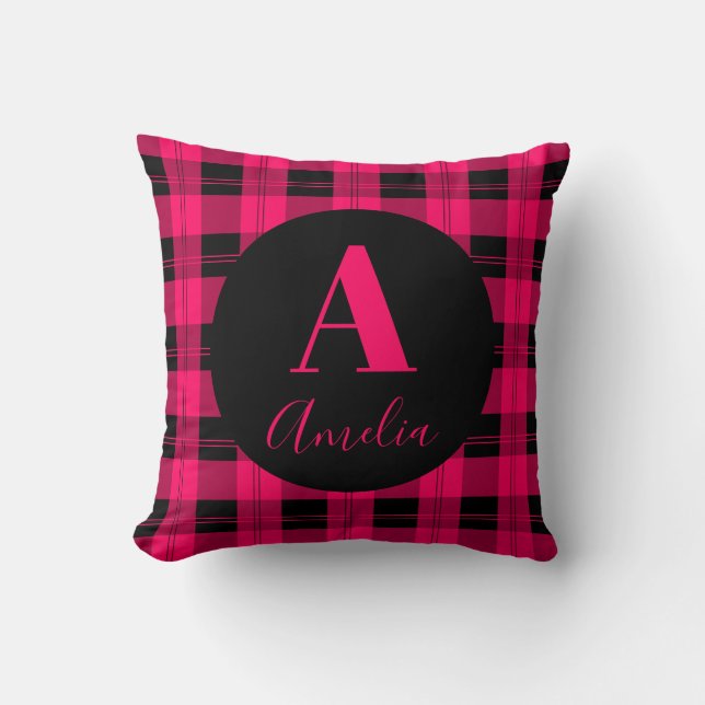 Coussin Monogramme moderne Plaid Hot Pink Noir (Recto)