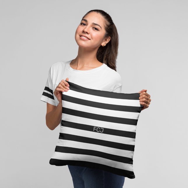 Coussin Monogramme Moderne Rayures Noir et Blanc (Créateur téléchargé)